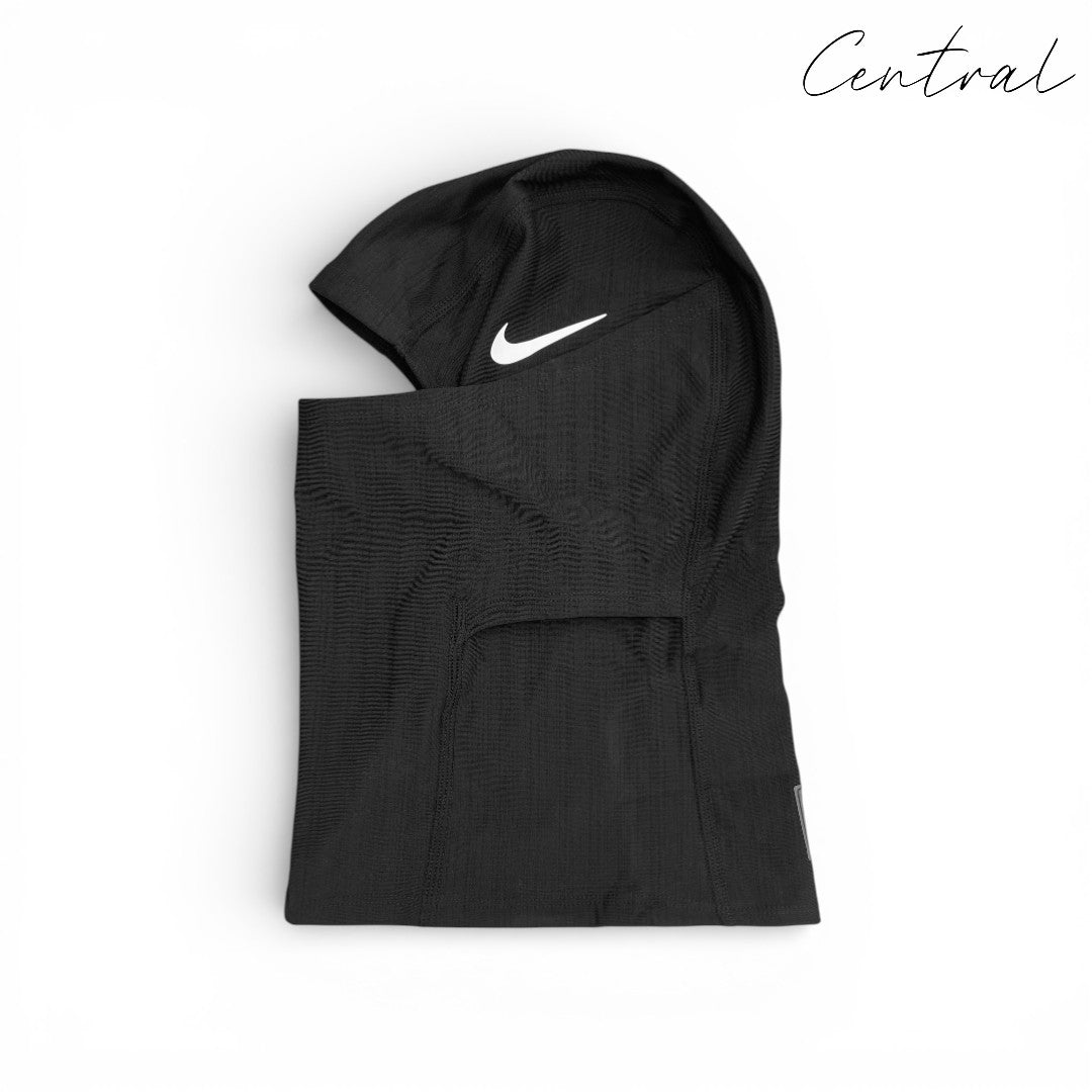 Nike Pro Hyperwarm Ski Mask in black, featuring a snug fit and breathable fabric for winter sports activities.