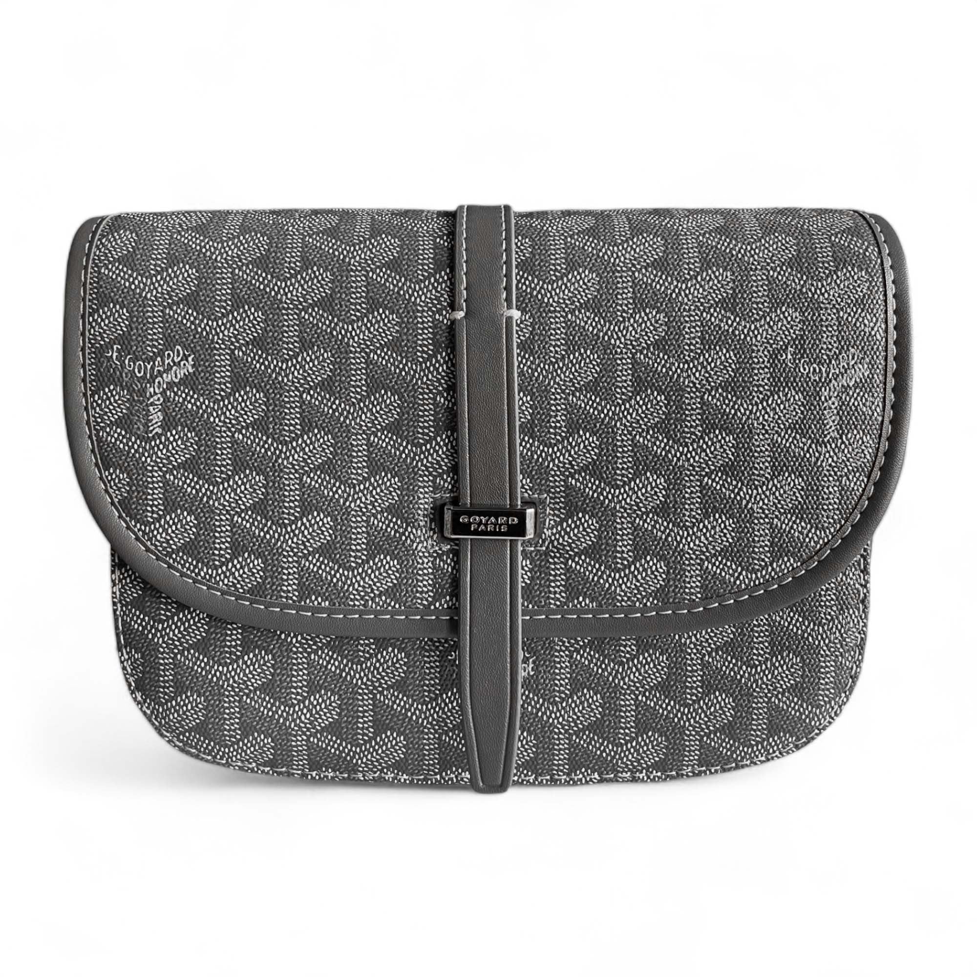 Grey Goyard bag from Central ae, featuring a classic design and signature pattern, displayed on a neutral background.