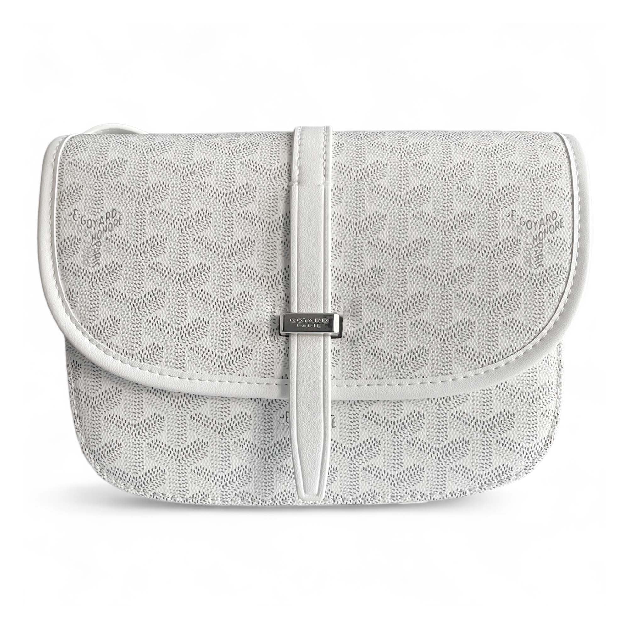 White Goyard bag from Central ae featuring a unique pattern and elegant design, perfect for stylish accessories.