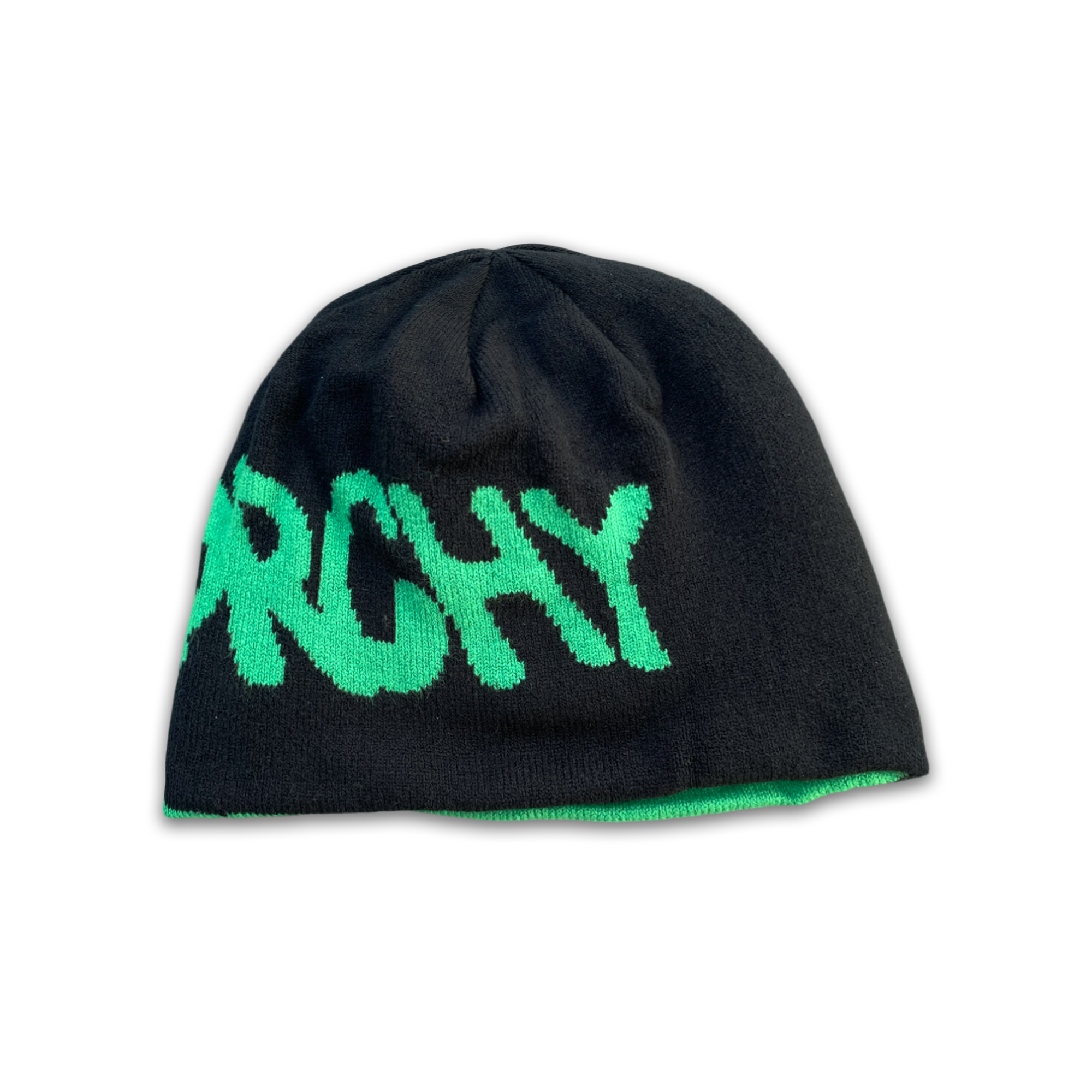 Black and green reversible beanie from Central ae, featuring a soft knit design for versatile winter wear.
