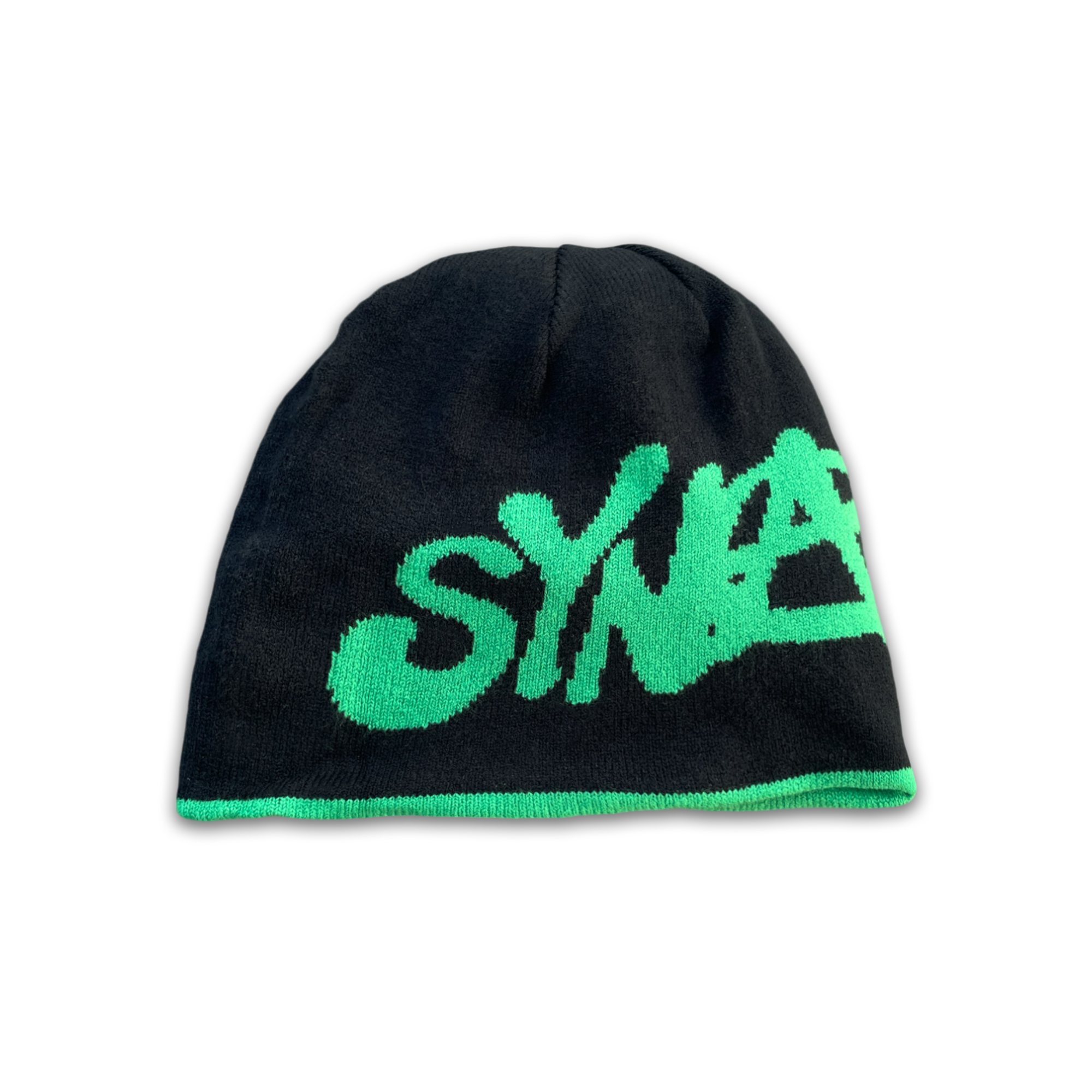 Central ae 'Synarchy' reversible beanie in black and green displayed on a neutral background.