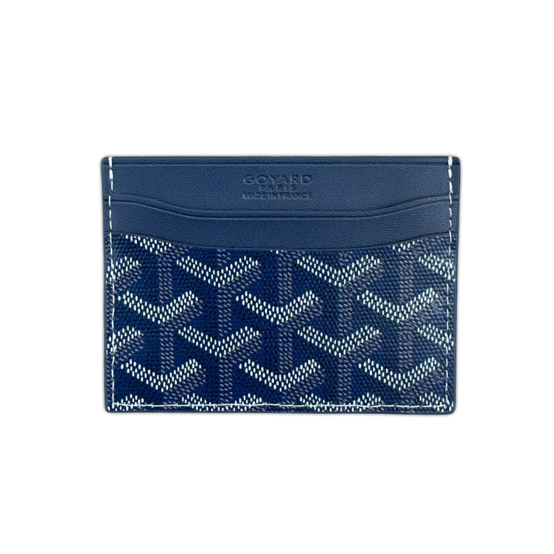 Goyard Classic Royal Blue card holder featuring signature design and durable material on a neutral background.