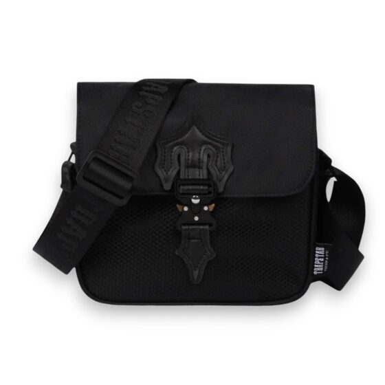 Central ae Trapstar Black Edition Irongate T cross-body bag featuring sleek design and adjustable strap on a neutral background.