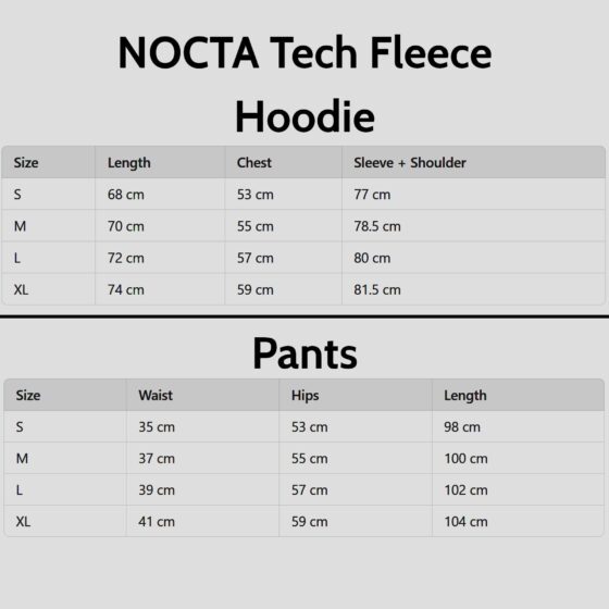 NOCTA Tech Fleece hoodie and pants set from Central ae displayed with size chart for accurate fitting guidance.