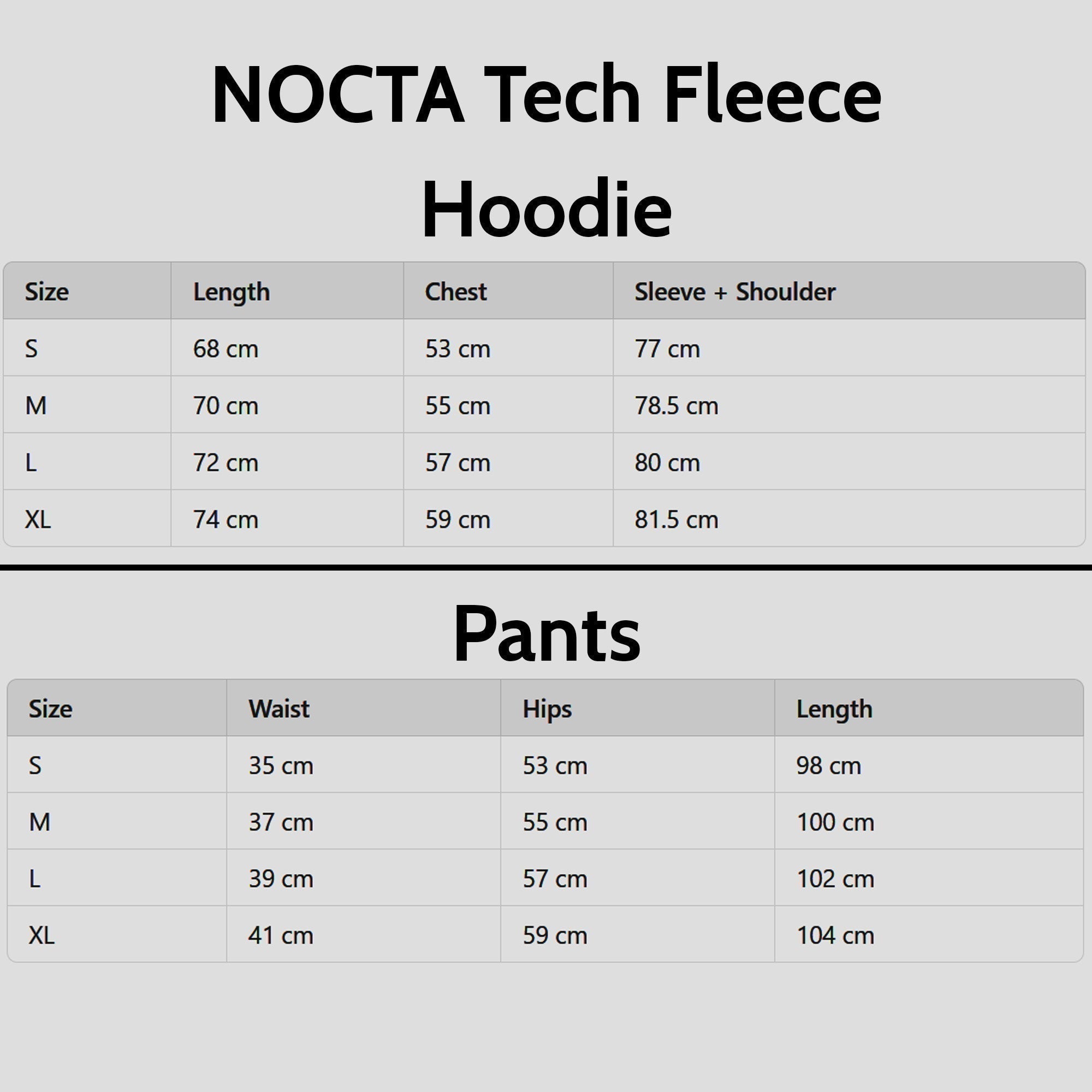 NOCTA Tech Fleece hoodie and pants set from Central ae displayed with size chart for accurate fitting guidance.