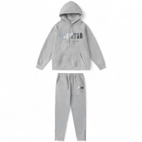 Trapstar grey ice flavours chenille tracksuit set featuring a hoodie and pants, displayed on a neutral background.