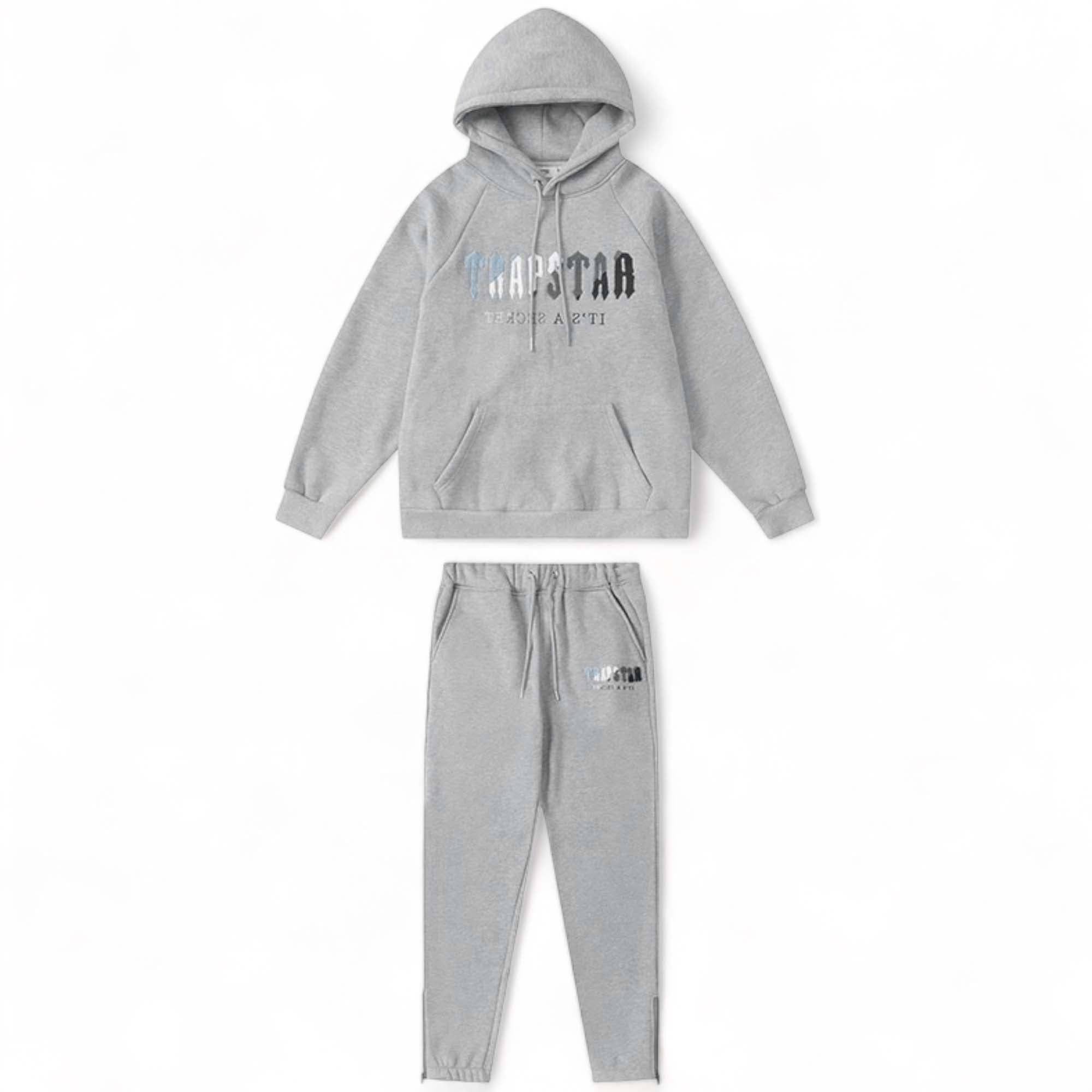Trapstar grey ice flavours chenille tracksuit set featuring a hoodie and pants, displayed on a neutral background.