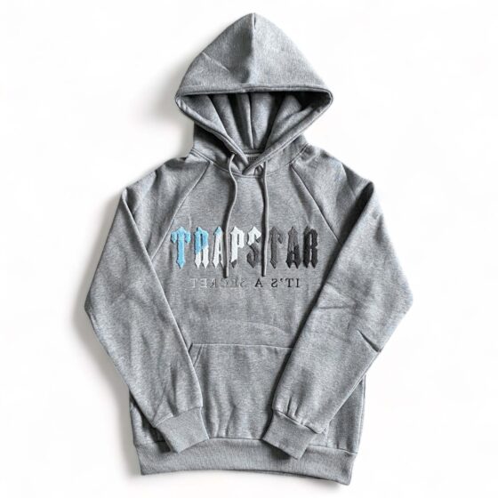 Trapstar Chenille Decoded tracksuit set in Grey Ice, featuring a stylish hoodie and matching pants.