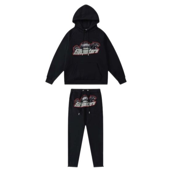 Trapstar Shooters black and red tracksuit featuring a stylish hoodie and matching pants set.