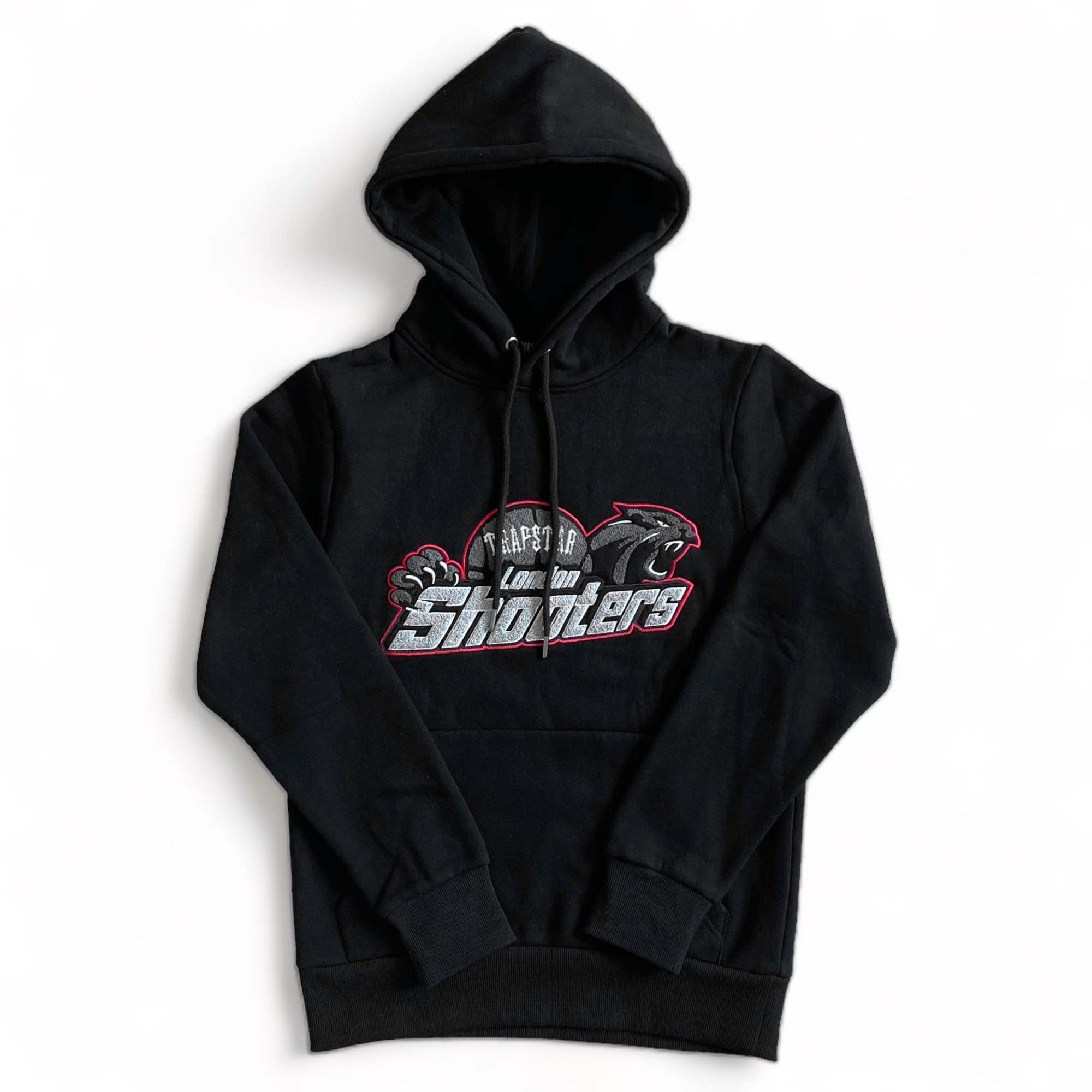 Trapstar black and red shooters tracksuit featuring a hoodie and pants set, displayed on a neutral background.