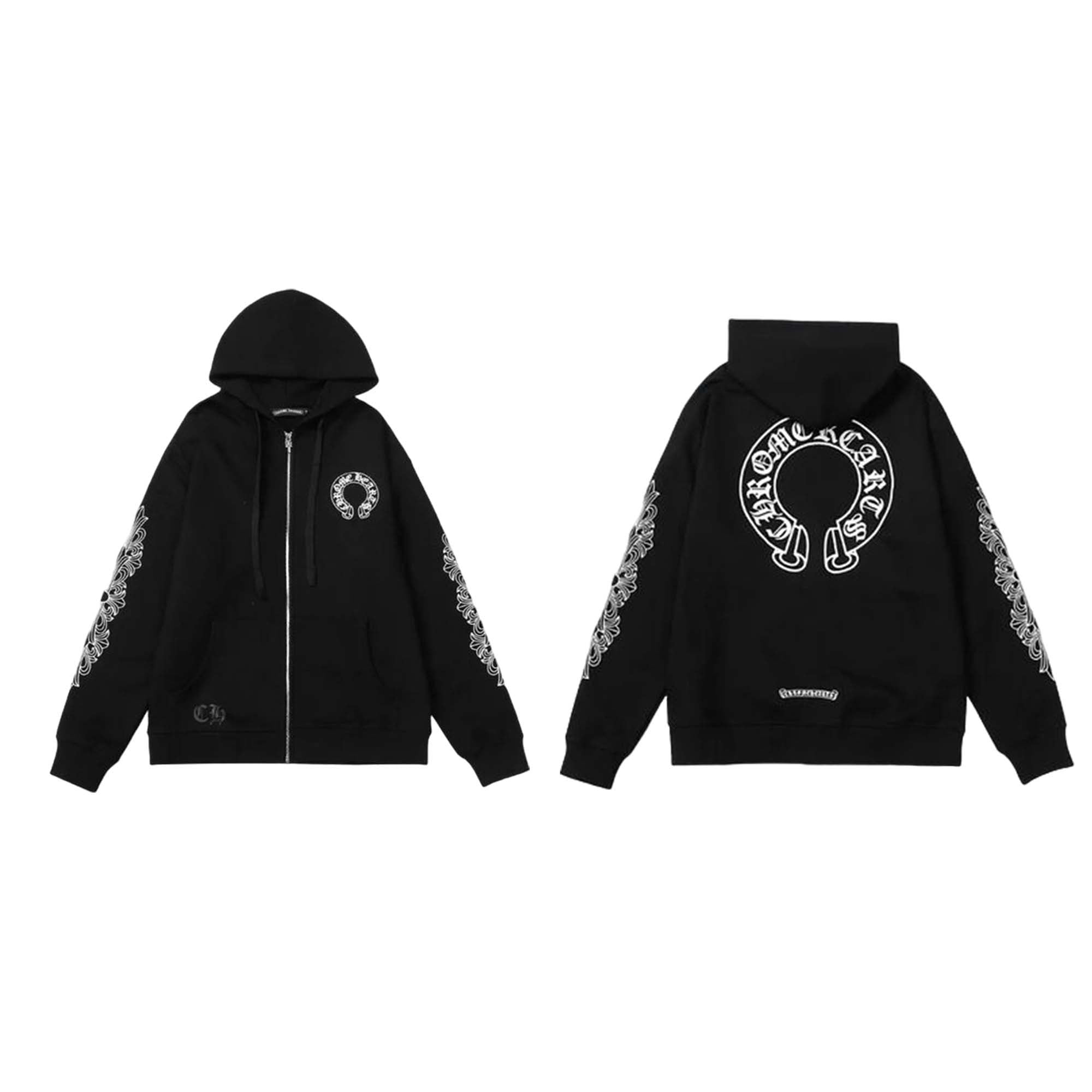 Chrome Hearts Horseshoe Zip Up Hoodie in black featuring a front zipper and iconic logo detail.