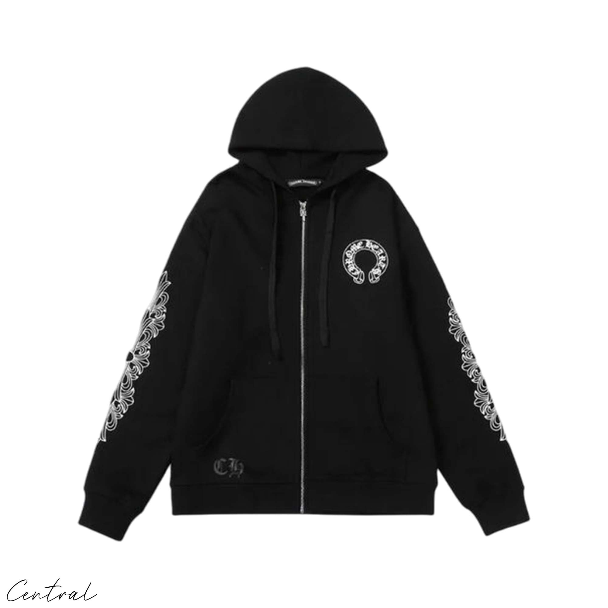 Chrome Hearts Horseshoe Zip Up Hoodie by Central ae in black with distinctive horseshoe logo and front zipper detail.