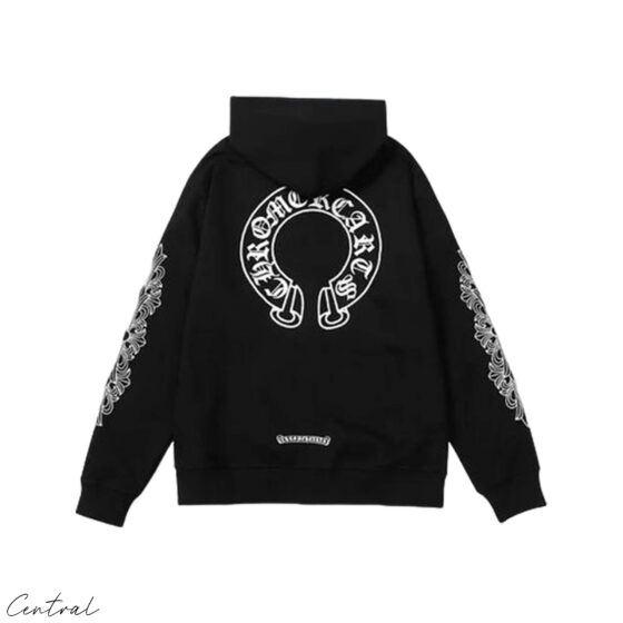 Chrome Hearts Horseshoe Zip Up Hoodie in black with logo details and front zipper, featuring a relaxed fit.