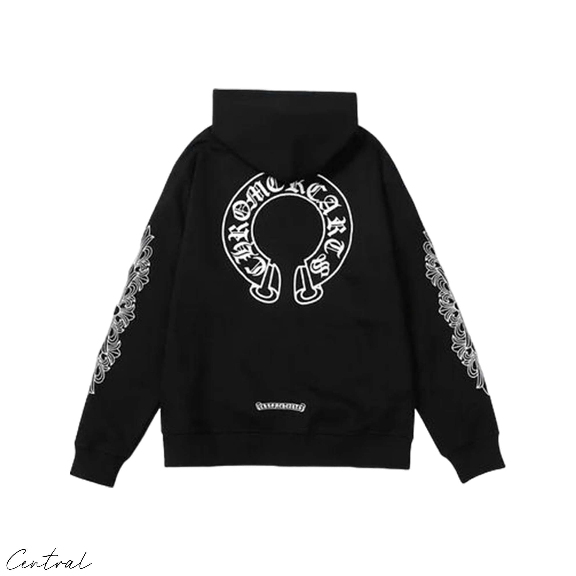 Chrome Hearts Horseshoe Zip Up Hoodie in black with logo details and front zipper, featuring a relaxed fit.