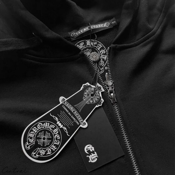 Chrome Hearts Horseshoe Zip Up Hoodie in black featuring a front zipper and logo embroidery on the chest.