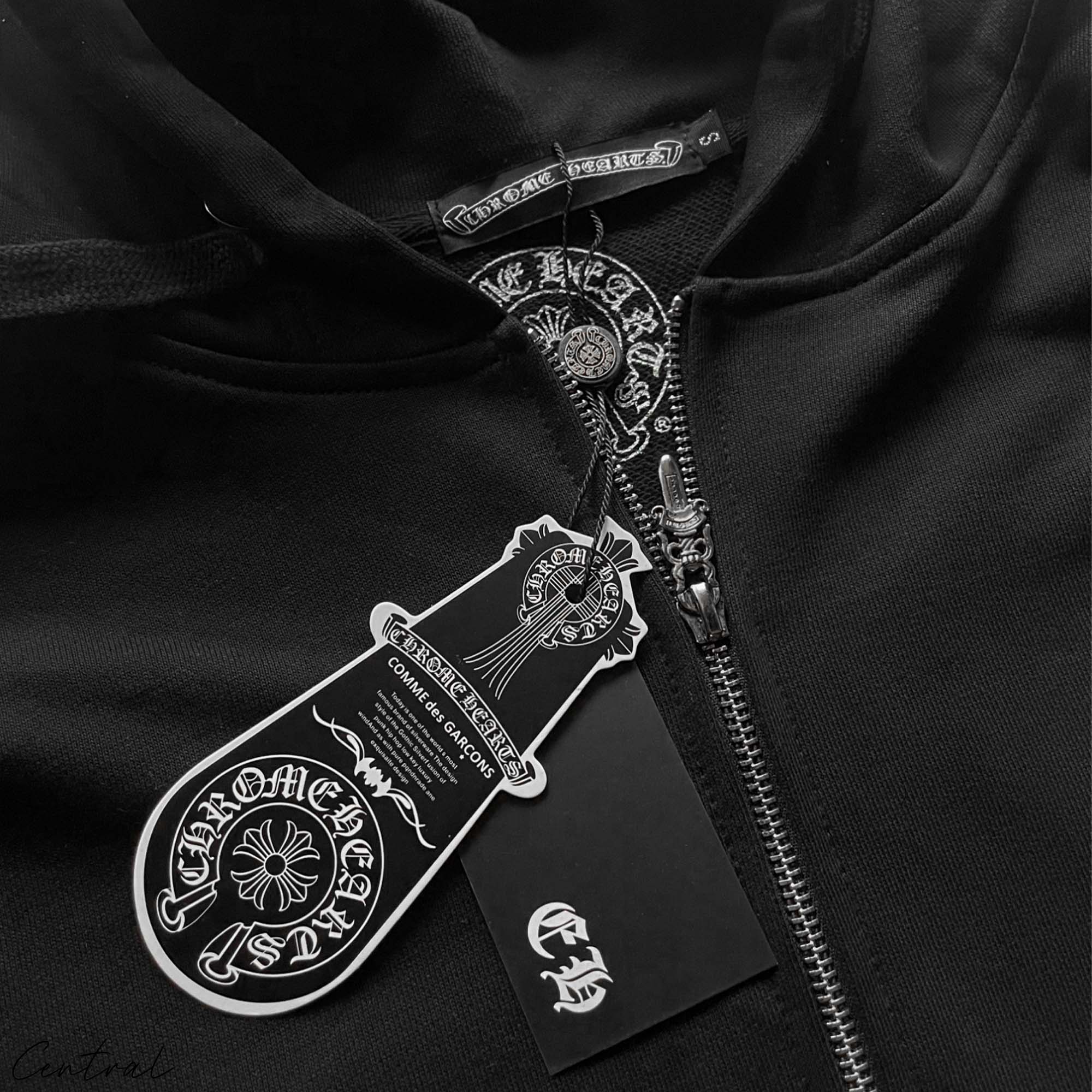 Chrome Hearts Horseshoe Zip Up Hoodie in black featuring a front zipper and logo embroidery on the chest.