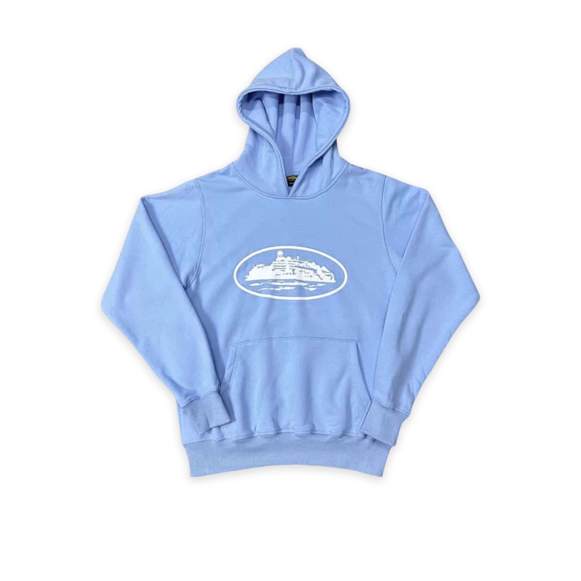 Corteiz Alcatraz hoodie in baby blue, featuring a comfortable fit and stylish design, perfect for casual wear.