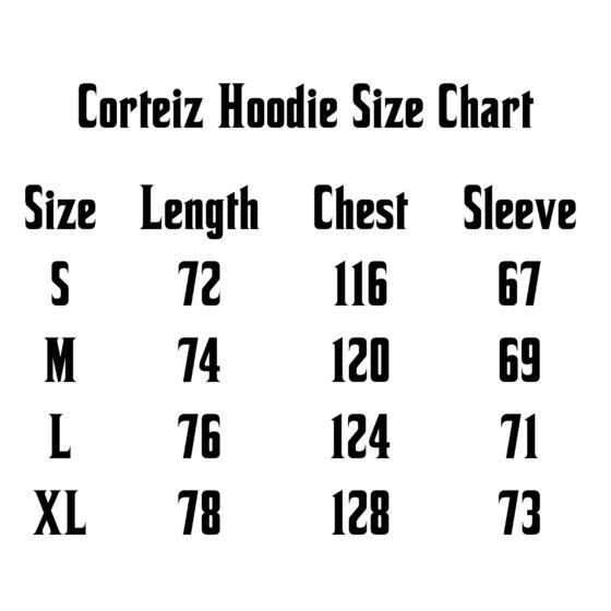 Corteiz Alcatraz Hoodie in baby blue with size chart displayed for accurate fitting information.
