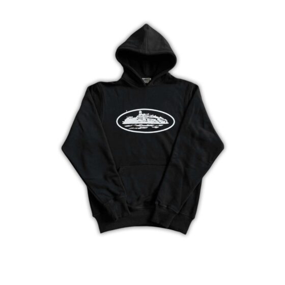 Black Corteiz Alcatraz Hoodie featuring a relaxed fit and distinctive logo on the front.