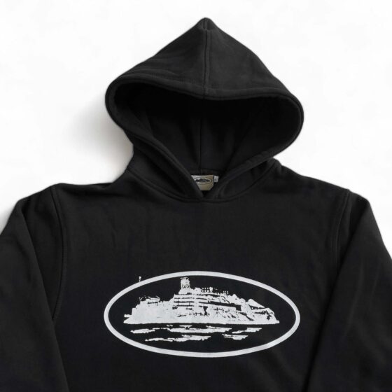 Black Corteiz Alcatraz hoodie featuring a minimalist design and a cozy fit, perfect for casual wear.