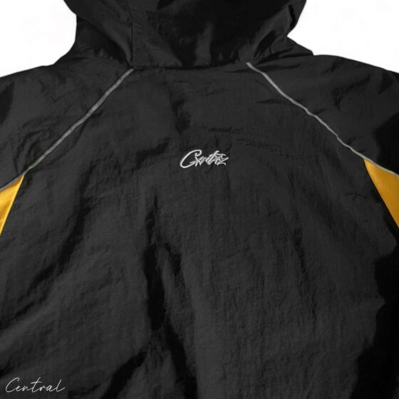 Central ae black-yellow Corteiz Spring hoodie with a stylish design and front zipper, perfect for casual wear.