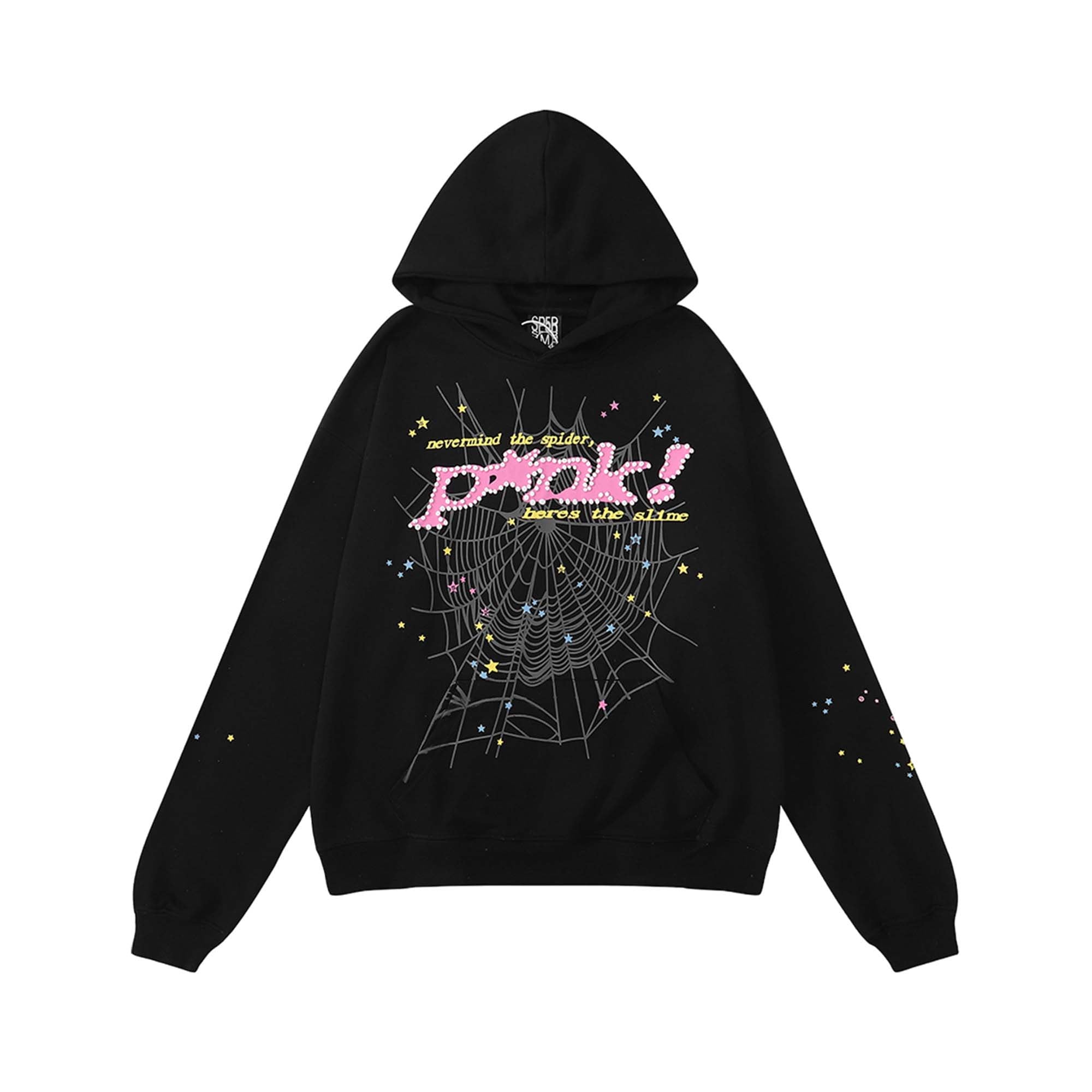Central ae Sp5der black hoodie featuring a pink logo on the front, displayed on a neutral background.