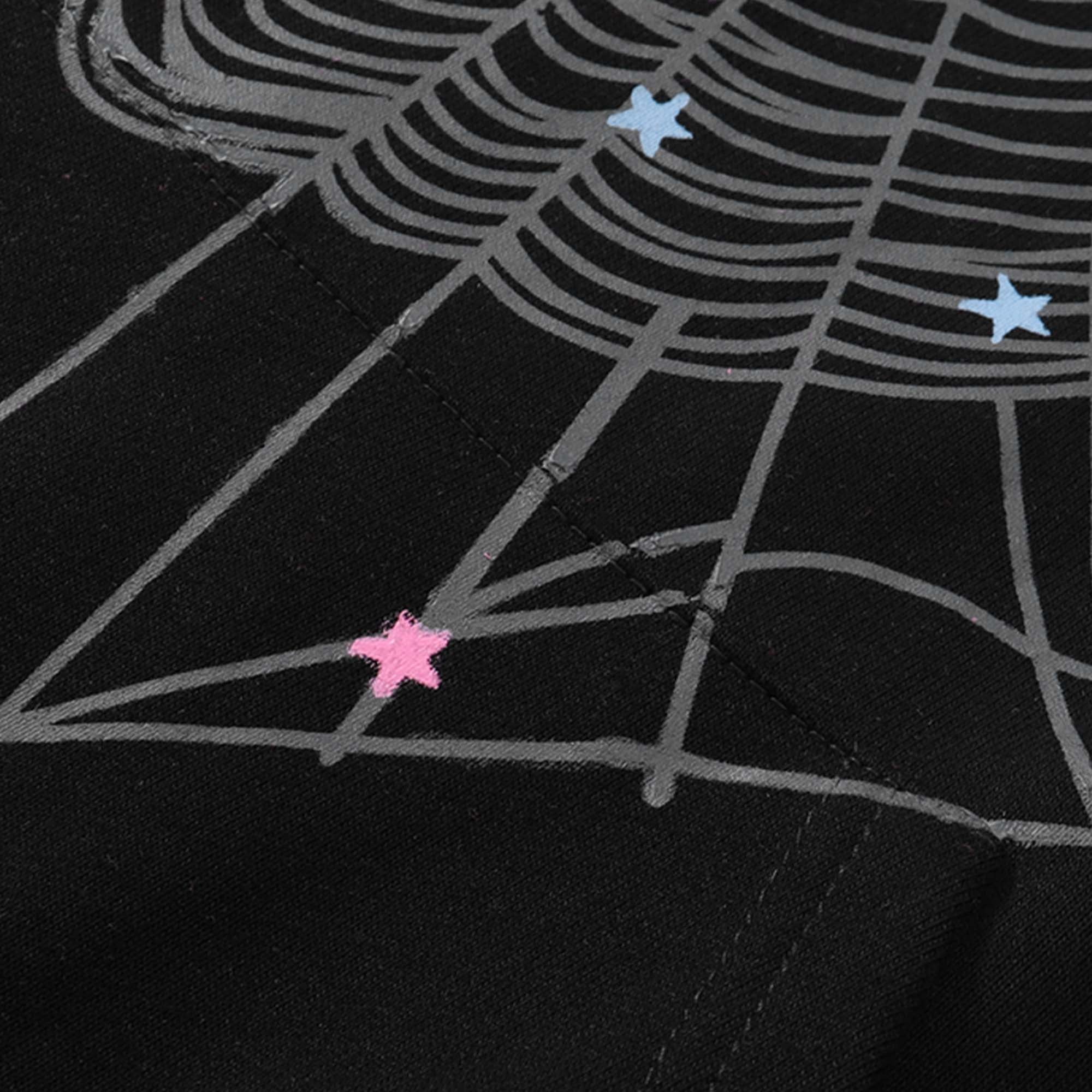 Central ae black hoodie featuring pink Sp5der graphic design on the front, shown laid flat against a neutral background.