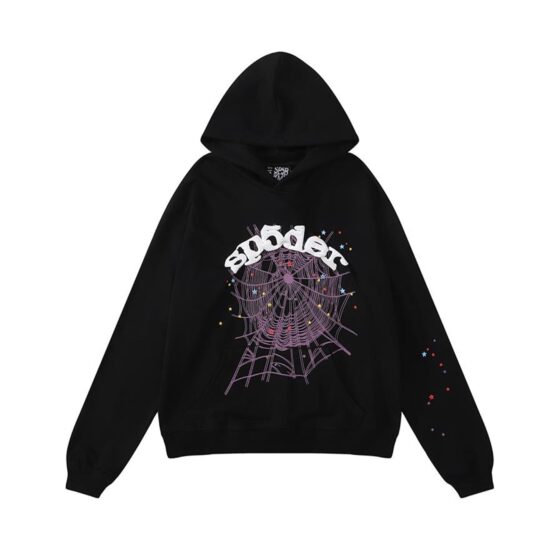 Central ae Sp5der Web Hoodie featuring a unique web design and adjustable drawstring hood in a casual setting.