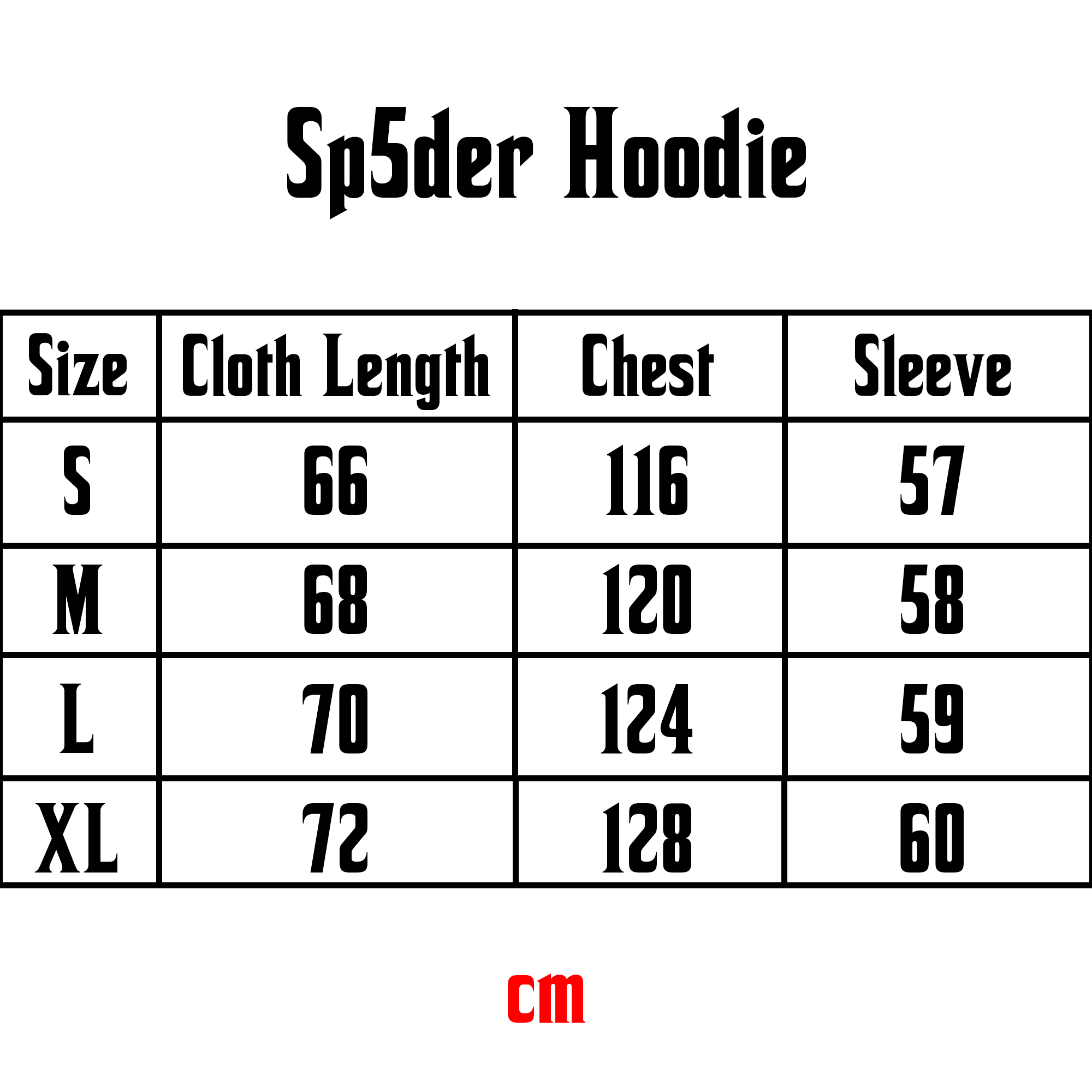 Sp5der Web Hoodie by Central ae displayed in size chart format with hoodie dimensions and sizing guide details.
