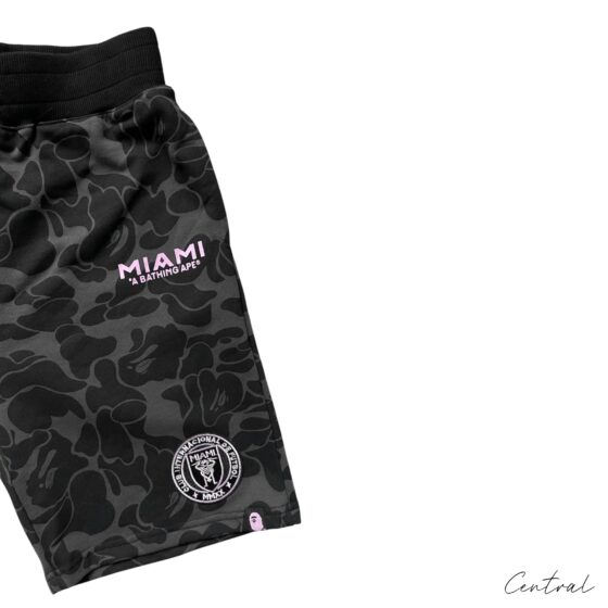 BAPE x Inter Miami camo shorts by Central ae featuring a stylish camouflage pattern and comfortable fit.