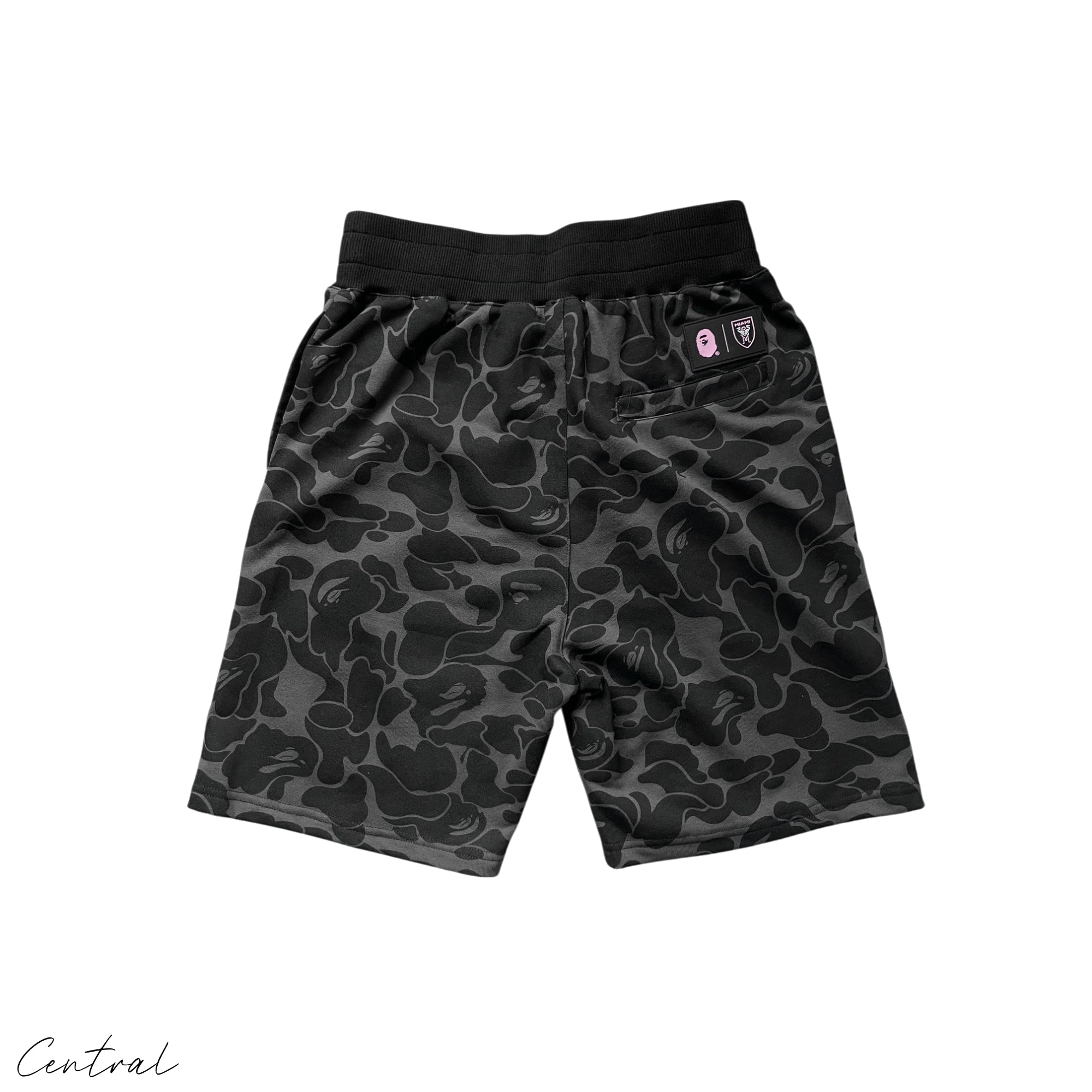 BAPE x Inter Miami camo shorts featuring a unique camouflage pattern and relaxed fit by Central ae.