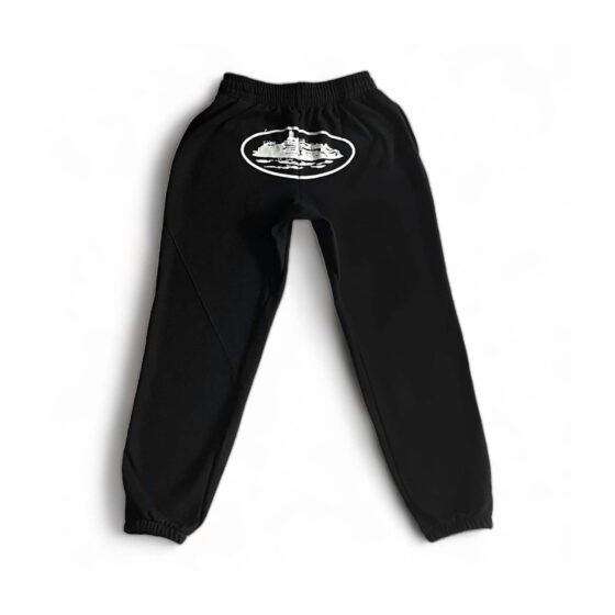 Black Corteiz Alcatraz Sweatpants featuring a relaxed fit and elastic waistband.