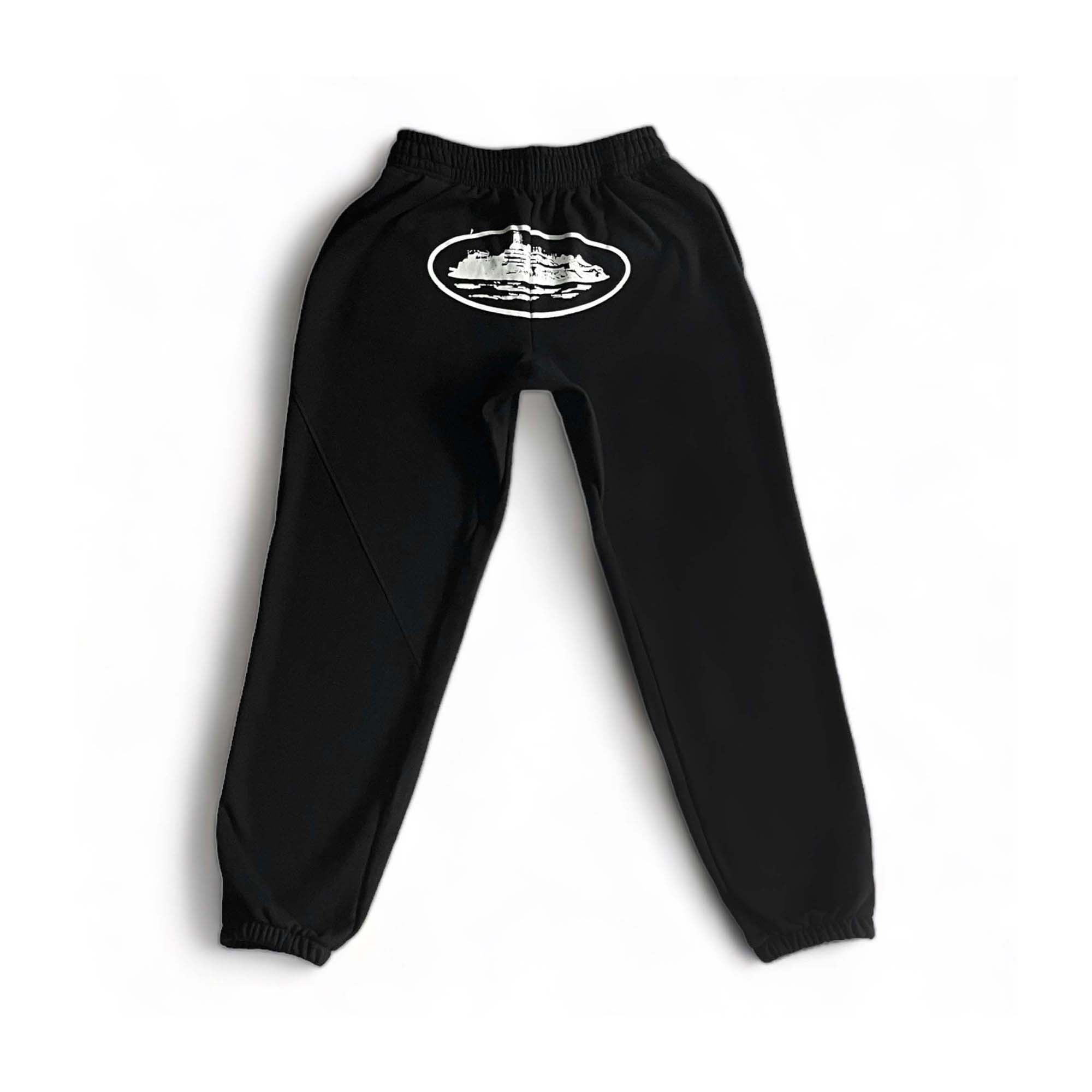 Black Corteiz Alcatraz Sweatpants featuring a relaxed fit and elastic waistband.