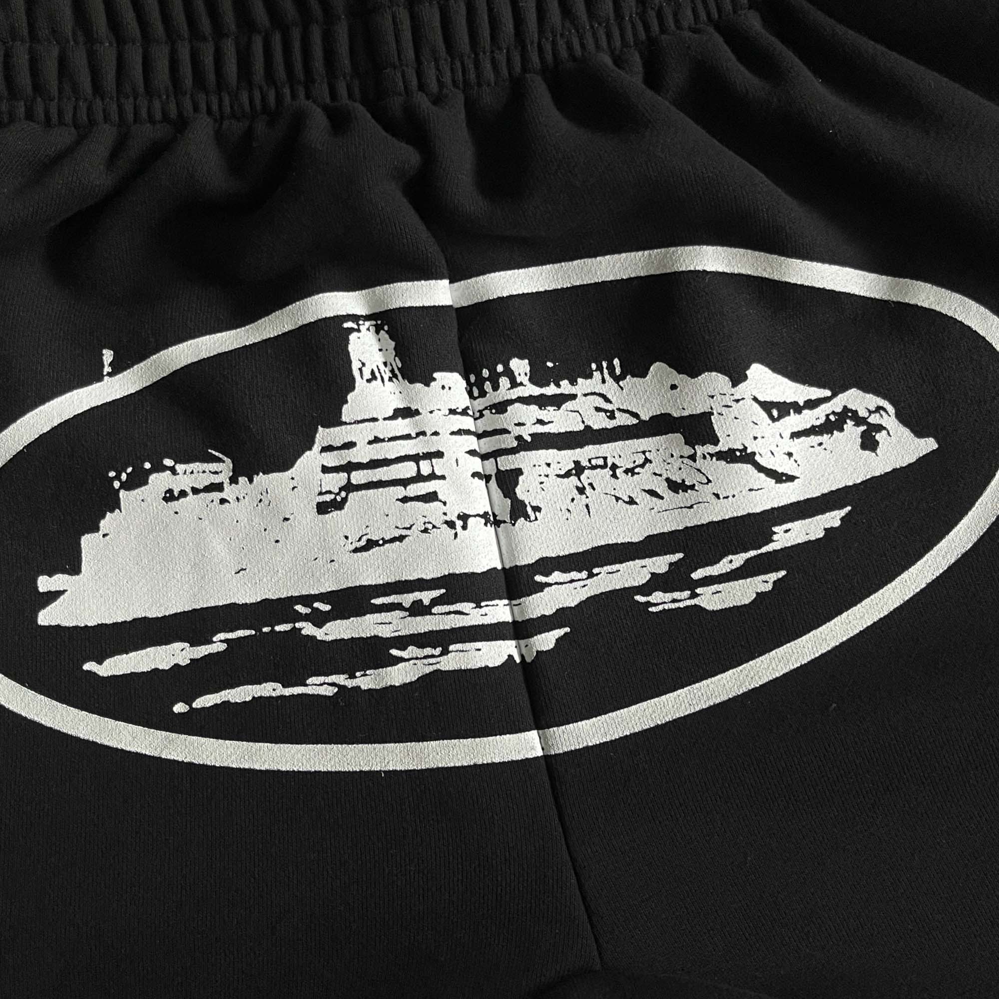 Black Corteiz Alcatraz sweatpants featuring a relaxed fit and elastic waistband, perfect for casual wear.