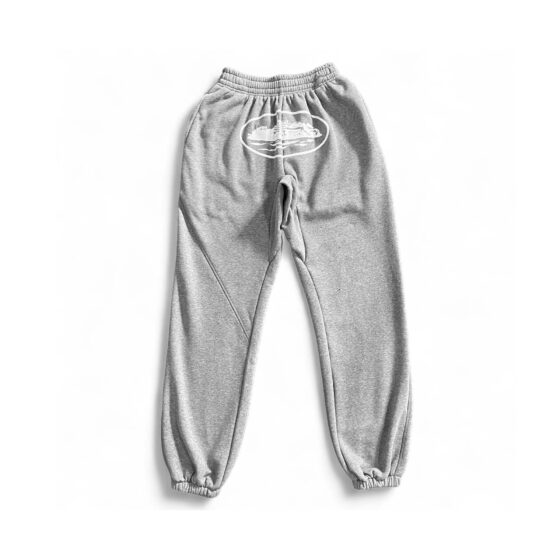 Gray Corteiz Alcatraz sweatpants featuring a relaxed fit and elastic waistband, ideal for casual wear.