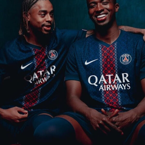 2025/26 Paris Saint-Germain home kit player version featuring team colors and logo on a sporty design.