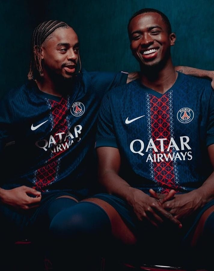 2025/26 Paris Saint-Germain home kit player version featuring team colors and logo on a sporty design.
