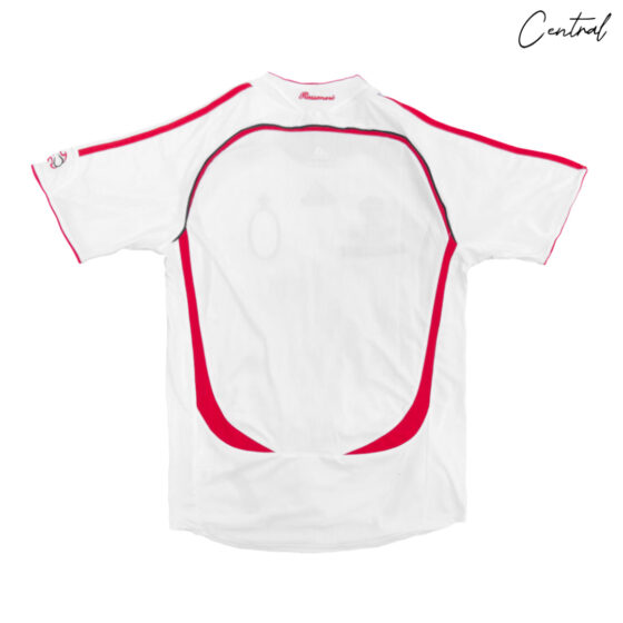 AC Milan 2006/07 UCL Final away retro jersey featuring Bwin logo and distinctive red and black stripes.
