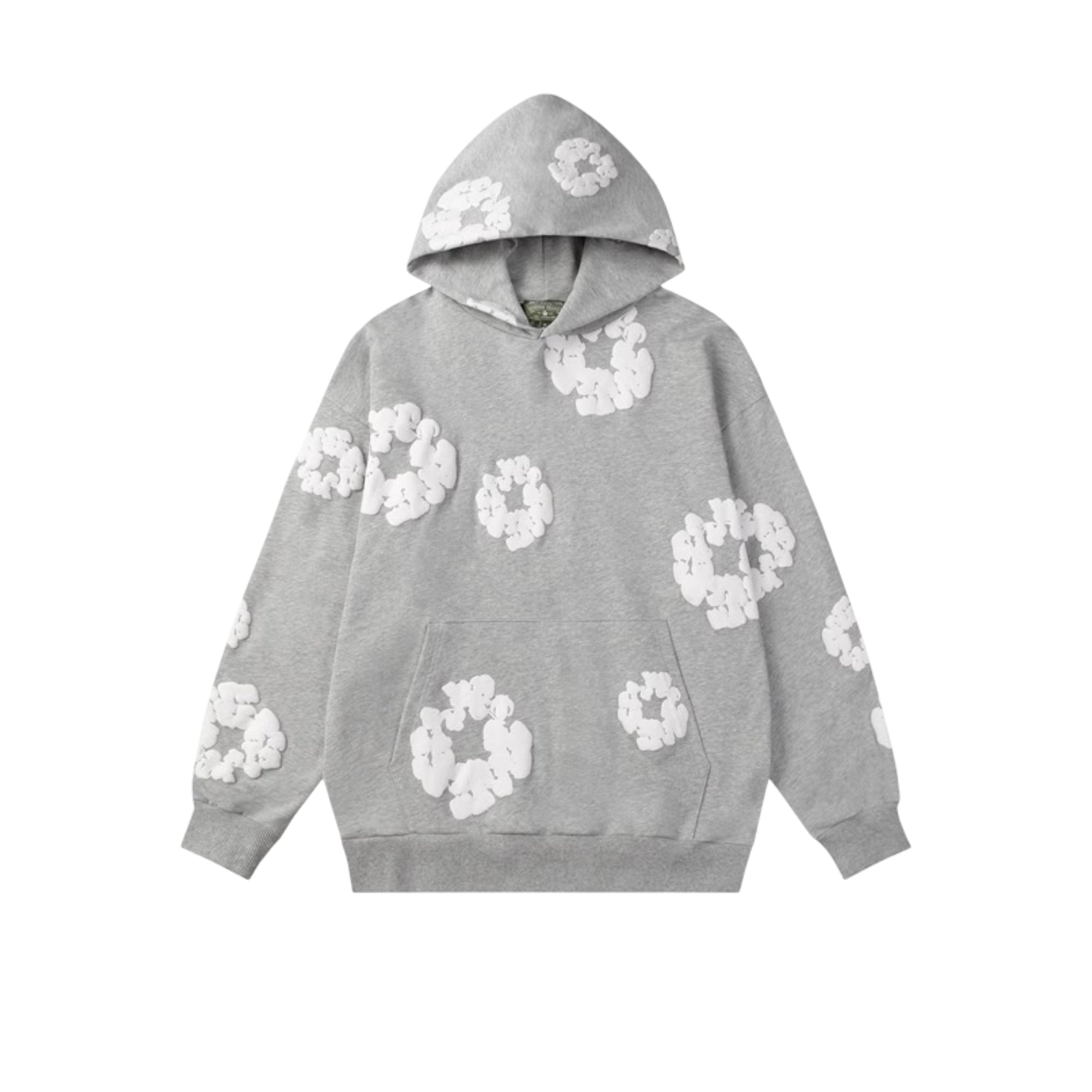 Gray Central ae hoodie featuring the Denim Tears Cotton Wreath design with intricate floral graphics.