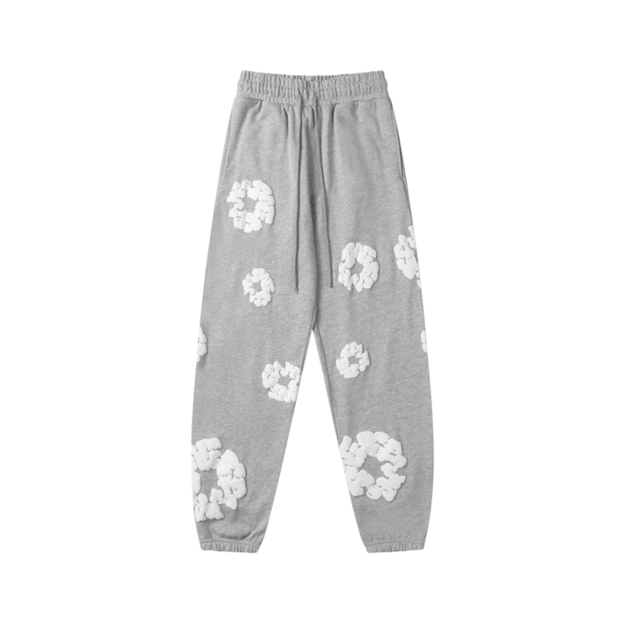 Gray sweatpants from Central ae featuring a cotton wreath design, made for comfort and style.