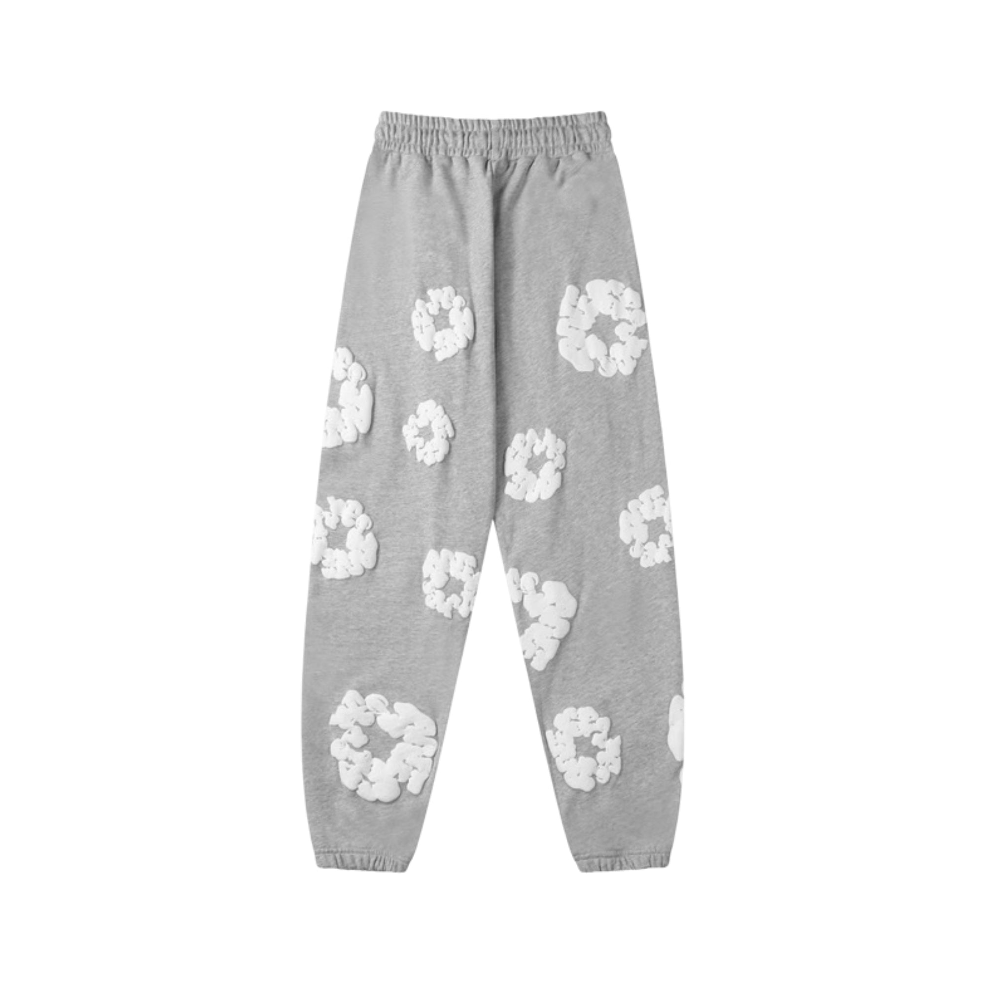 Gray sweatpants featuring a cotton wreath design by DENIM TEARS, made by Central ae, laid flat for display.