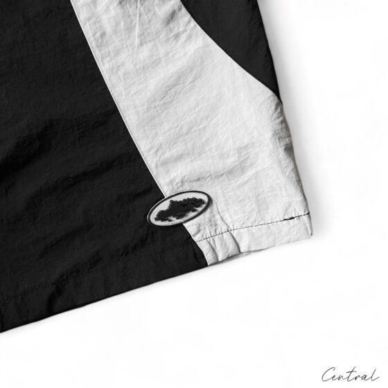 Corteiz black and white spring shorts by Central ae, featuring a relaxed fit and stylish design.