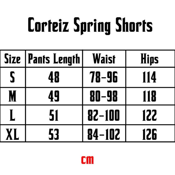 Corteiz black and white spring shorts displayed on a size chart with measurements and fabric details.