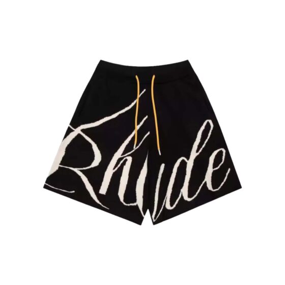 Black and cream Rhude knit logo shorts, featuring a comfortable fit and stylish design, displayed on a plain background.