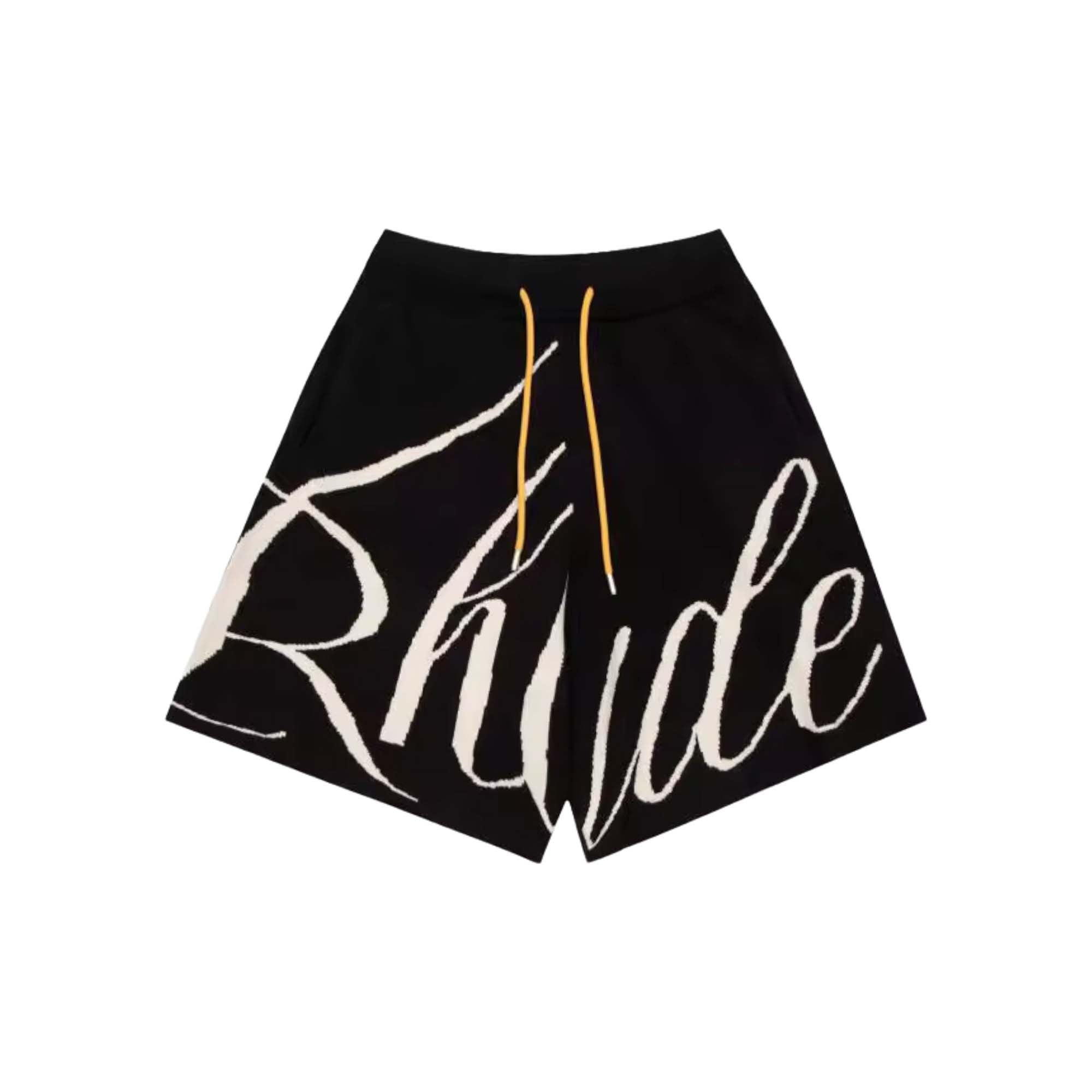 Black and cream Rhude knit logo shorts, featuring a comfortable fit and stylish design, displayed on a plain background.