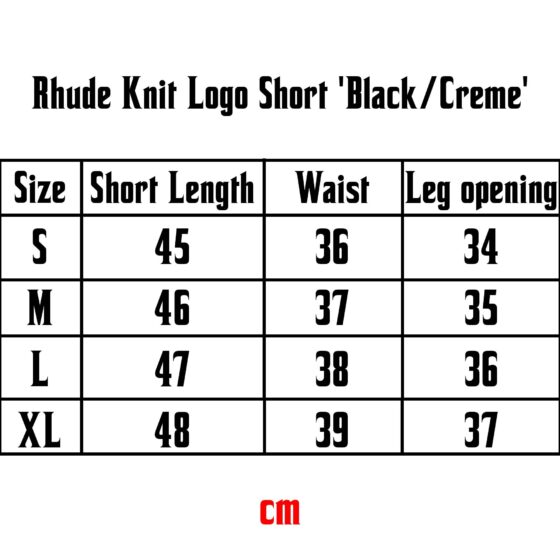 Rhude black and cream knit logo shorts displayed flat, showcasing fabric texture and logo detail.