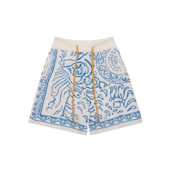 Rhude Knit Tile Shorts in Crème and Blue, featuring a comfortable knit design and stylish tile pattern.