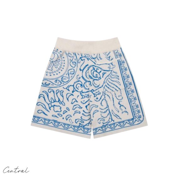 Rhude Knit Tile Shorts in Crème and Blue featuring a stylish knit design and comfortable fit.