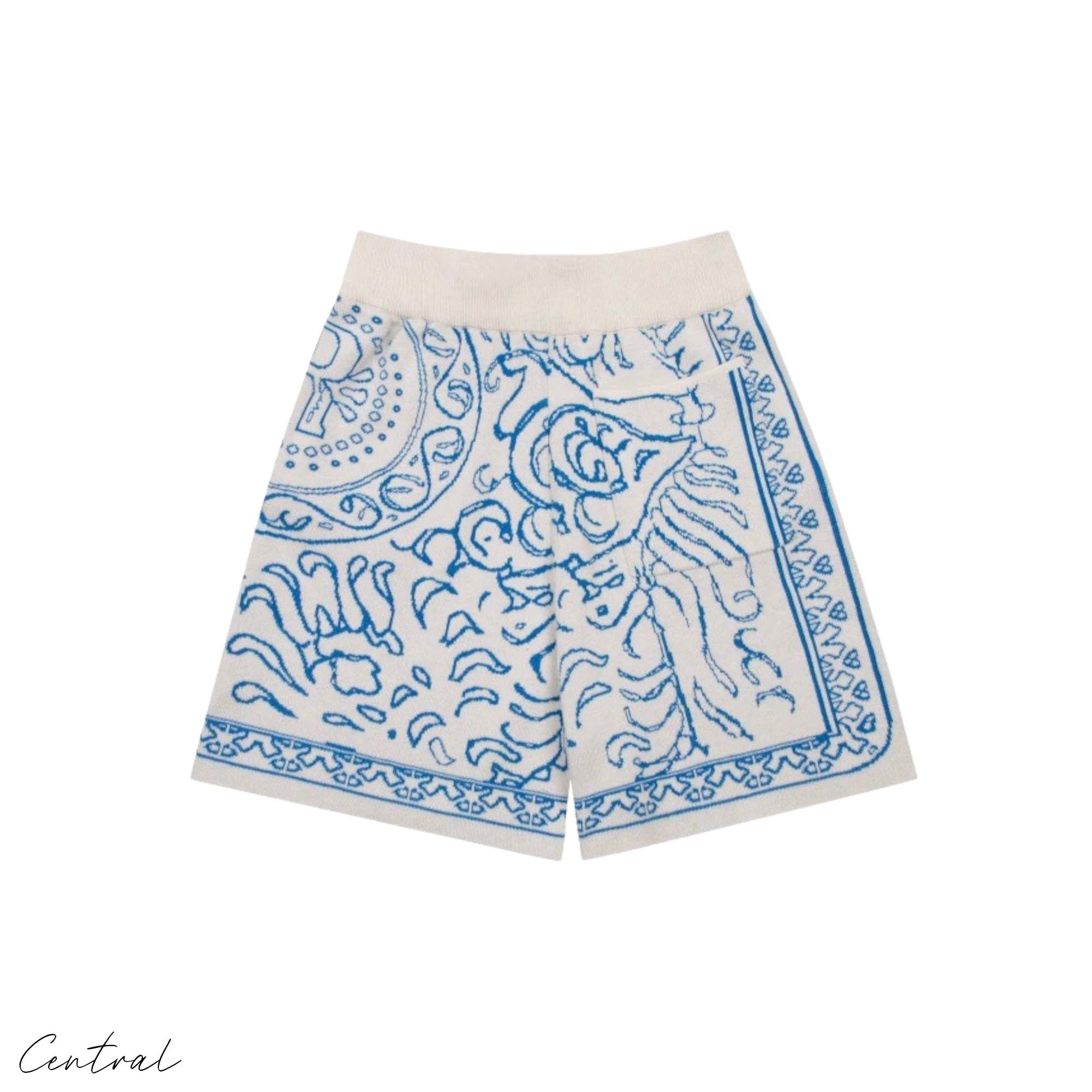 Rhude Knit Tile Shorts in Crème and Blue featuring a stylish knit design and comfortable fit.