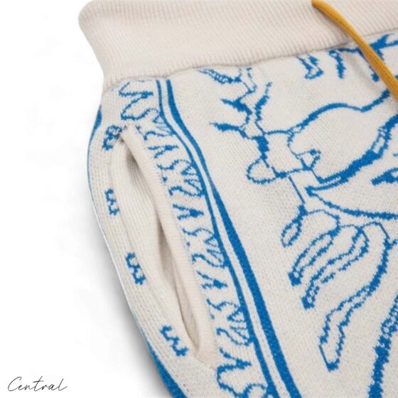 Rhude Knit Tile Short in Crème and Blue, showcasing a stylish knit texture and relaxed fit for casual wear.